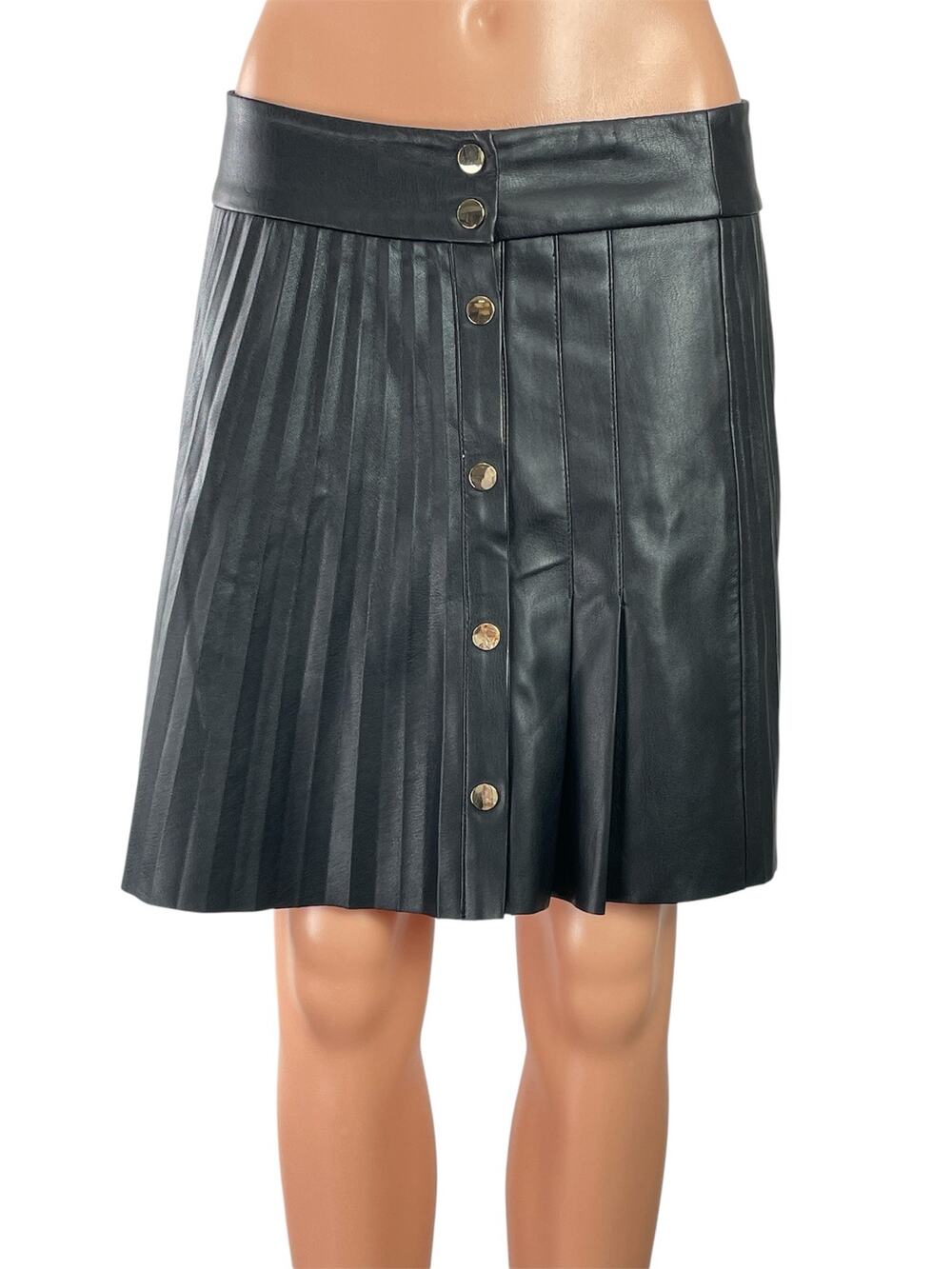 Zara Women's Black Faux Leather Button Down Pleated Low Rise Mini A-Line Skirt M